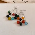 Retro colorful round bead tassel drop earrings with silver needles for elegant women - Vintage Beaded Tassel Style (64#) / Silver Earring Post Style / Colorful