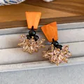 Retro geometric drop earrings with orange trapezoid element and faceted floral cluster beads - Geometric Color Block Tassel Style (65#) / Silver Earring Post Style / Coffee-Black-Pink