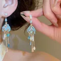 Vintage zircon floral tassel earrings in light blue and silver finish. - Vintage Water Drop Flower Style (66#) / Silver Earring Post Style / Gold-Blue-Coffee