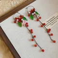 Vintage red berry and pearl tassel drop earrings with pink floral accents - Forest Leaf Flower Style (68#) / Silver Earring Post Style / Gun Black-Red-Pink-Green