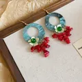 Vintage blue resin hoop earrings with red coral-like tassels and white floral accents - Marble Pattern Ring Gravel Style (69#) / Hook Style / Blue-Red