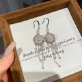 Elegant vintage silver needle flower tassel earrings with pink crystals for banquets - 71# Tassel Flower Style / Hook Style / Silver-Pink