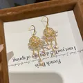 Vintage gold flower tassel earrings with pink zircon and teardrop crystal charms - 72# Vintage Tassel Style / Hook Style / Gold-Pink