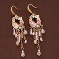 Elegant vintage-style pink crystal tassel drop earrings in gold finish for banquet - 73# Butterfly Zirconia Tassel Style / Hook Style / Gold-Pink