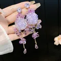 Elegant purple flower tassel earrings with sparkling zircon and teardrop crystals for party. - 74# Purple Flower Tassel Style / Silver Earring Post Style / Gold-Purple
