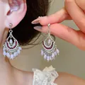 Vintage silver drop earrings featuring red zircon and lavender faceted tassel beads - 77# Red Zirconia Half-Moon Tassel Style / Silver Earring Post Style / Silver-Purple