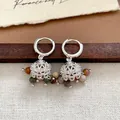 Elegant vintage silver hoop earrings with zircon bells and multi-color natural stone beads - 79# Zirconia Bud Colored Stone Bead Style / Hoop Buckle Style / Silver