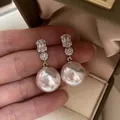 French style silver needle earrings featuring large round pearls and sparkling crystals - 法式气质珍珠吊坠款 / Silver & White (Silver Earring Post)