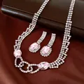 Elegant pink crystal necklace and earrings set with sparkling rhinestones for parties - Necklace And Earrings / Silver-Pink