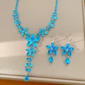 Exquisite blue zircon flower and waterdrop jewelry set with necklace and earrings - Necklace And Earrings Two-Piece Set / Necklace-Blue