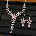 Elegant detailed view of pink cubic zirconia flower necklace and droplet earrings set - Necklace And Earrings Two-Piece Set / Necklace-Pink