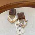 Vintage square earrings featuring dark wood grain and marbled resin design details - White (3#)