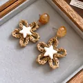Vintage bohemian woven flower earrings with marbled resin beads and star accents - Coffee-Stone (10#)