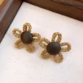 Macro detail of vintage woven flower earrings with dark wood centers - Retro Woven Six-Petal Flower Style (14#) / Coffee (14#)