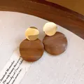 Close-up detail of vintage wooden stud earrings with gold circular metallic tops - Geometric Round Disk Patchwork (Silver Earring Post)(28#) / Gold and Coffee