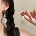 Elegant retro wood and silver needle earrings with irregular flower petal drop charms - Silver-Coffee Flower (45#)