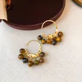 Close-up of retro 18K gold plated hoop earrings with brown tiger eye resin beads - Multi-Bead Ear Hook (2#) / Gold with Coffee