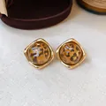 Vintage 18K gold plated stud earrings with leopard print resin detail. - Irregular Square (1#) / Gold with Coffee