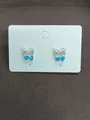 Elegant Korean style bowknot cherry stud earrings with shiny blue heart zircon and pearl - Silver Earring Post - Silver - Blue