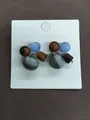 Handcrafted stud earrings featuring wood beads, cat's eye stones and grey fabric elements - Patchwork Style (Silver Needle) / Blue