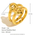 Detail view of 18K gold plated stainless steel knot ring with dimensions - R5218 Gold
