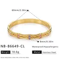Detail view of gold stainless steel bamboo bangle with purple and pink zircon stones. - Multi-Color Rhinestone Style (NB-B6649-CL) / 18K Gold