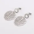 Silver stainless steel monstera leaf stud earrings with geometric hollow design - Silver