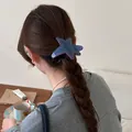 Detailed view of a denim texture star-shaped hair clip on a braided ponytail hairstyle - Silver Star / Denim Blue Pink Edge