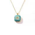Vintage style square locket necklace in turquoise enamel with gold sunburst design - Sea Blue Hexagram