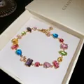 Dopamine-style colorful geometric zircon bracelet with gold-toned chain in a gift box - Gold-Multicolor