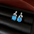 Macro-detail van elegante blauwe roos-zirkonia oorbellen in een luxe sieradendoosje - Stud oorbellen / Blauw