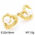 Boucles d'oreilles cœur en acier doré avec perle blanche et texture torsadée élégante - Style C Cœur Torsadé Géométrique (KE115228-KFC) / 22x19mm / Or