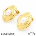 Élégantes boucles d'oreilles dorées en acier inoxydable texturé avec perles blanches ovales - Style F Texture Tourbillon Spirale (KE115325-KFC) / 20x16mm / Or