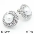 Élégantes boucles d'oreilles perles en acier inoxydable avec bordure perlée argentée - Style J Texture Géométrique à Perles Rondes (KE115561-KFC) / 19mm / Acier