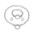 Stainless steel jewelry set with chunky O-link chain and rhinestone circle pendant - Steel