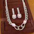 Elegantes Schmuckset mit rosa ovalen Edelsteinen, inklusive Halskette und Ohrringen - Set / Halskette - Silber - Rosa