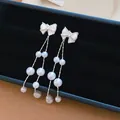 Elegante Franse stijl zilveren strik oorbellen met witte parels in een sieradendoos - Dubbele Ketting Strik Kunstparel Kwast Stijl (48#)
