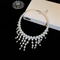 Elegant French style pearl fringe choker necklace detail with hanging pearl tassels. - Choker (Silver) / White