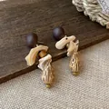 Handcrafted vintage shell and wood pendant earrings with New Chinese style aesthetics - Style 4 Brown (S925 Silver Pin)