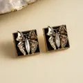 Detailed view of vintage gold butterfly stud earrings with rhinestones and black enamel - Square Butterfly Stud Earrings (Silver Post) / Gold/Black