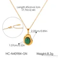 Detailed view of 18K gold bean necklace with green stone pendant and size dimensions - Gold With Green Stone