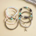 Close-up of eight-piece glass bead bracelet set with rhinestone and starfish charm - 8-Piece Set / Pink Blue Gray