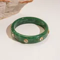 Elegant dark green marbled resin bangle with inlaid round rhinestones in gold-tone rivets - 66# Bangle (66#)