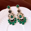 Detail view of vintage green teardrop earrings with sparkling rhinestones and gold finish - Retro Floral Waterdrop Style / Silver Earring Post - Gold - Green