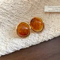 Detailed macro shot of vintage amber resin oval stud earrings featuring a gold metal border - Brown