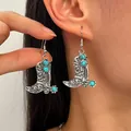 Orecchini pendenti vintage stile western stivale cowboy con turchese per signora - Orecchini a Stivale da Cowboy Turchese Blu Argento Retro (10716) / Argento antico