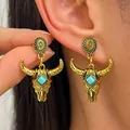 Orecchini a pendente in stile western con teschio e turchese retrò - Orecchini a Testa di Toro Turchese Oro Retro (A-1411) / Oro antico