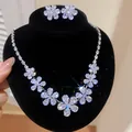 Detailed view of elegant floral cubic zirconia necklace and stud earring jewelry set - Earrings Necklace Set / White