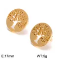 Élégantes boucles d'oreilles Arbre de Vie évidées en acier titane doré - Disque Rond Arbre De Vie (KE60915-K)