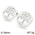 Boucles d'oreilles clous Arbre de Vie évidées en acier inoxydable argenté, rondes 16mm - Disque Rond Arbre De Vie (KE71474-K)